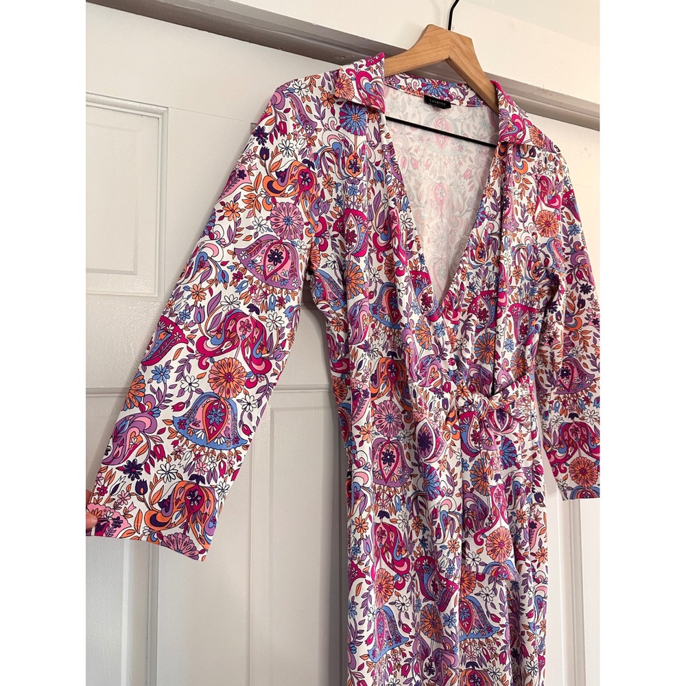 Talbots Womens Medium Pink Paisley Floral 3/4 Sleeve Faux Wrap Dress Collared - Picture 2 of 4